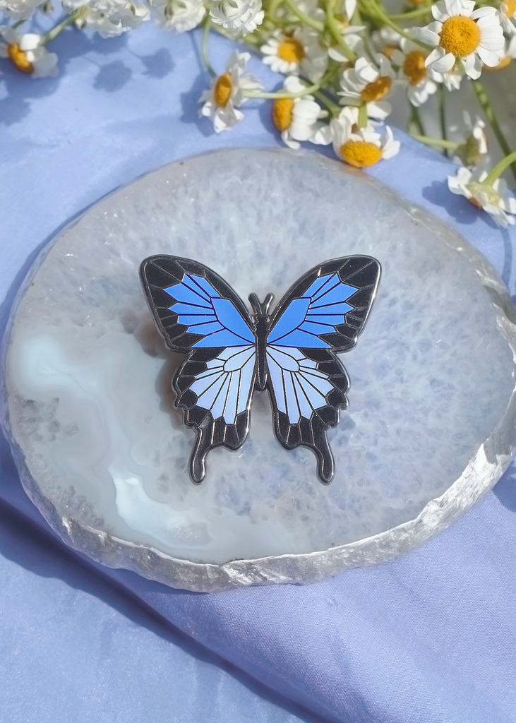 Two tone blue enamel butterfly pin