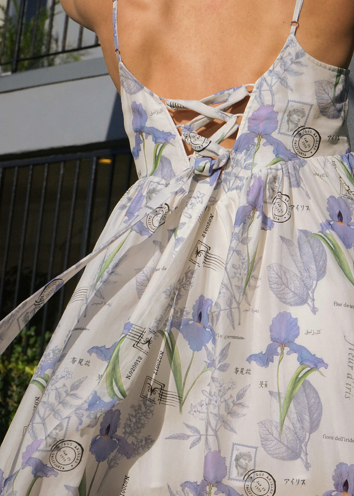 Close up of back details on Marili dress in the Botany Iris print