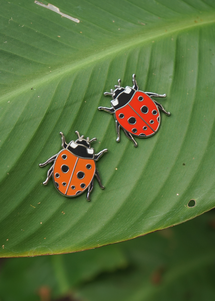 Tomato red and cherry red ladybug pins on leaf