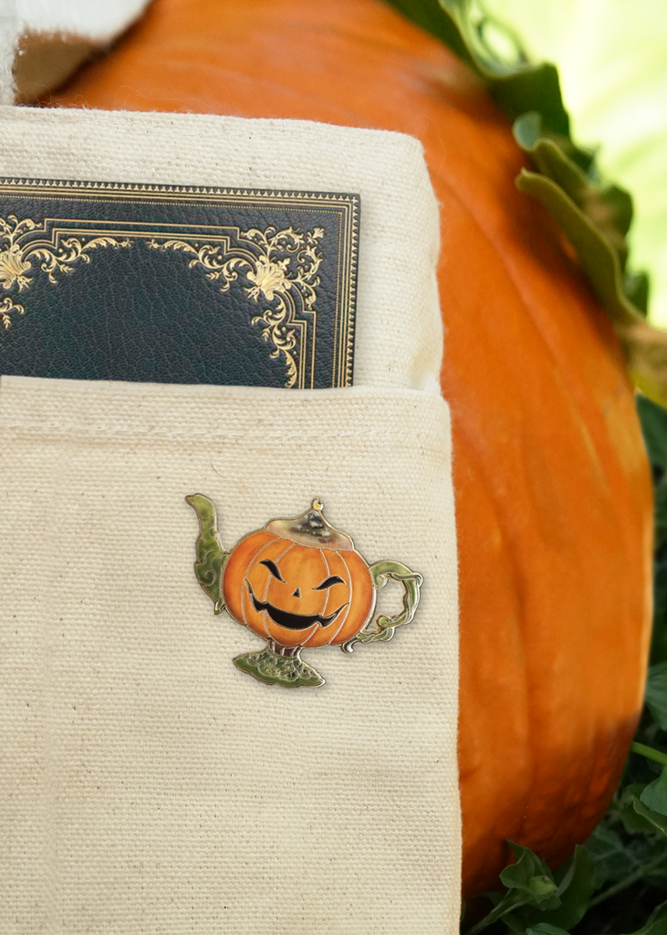 Pumpkin lamp pin on canvas tote