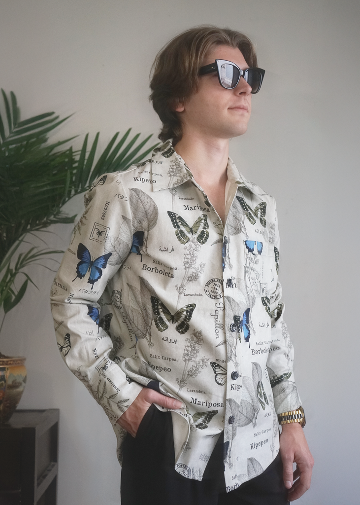 Model wearing andro shirt in botany print