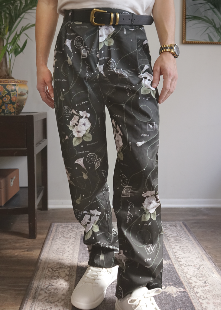 Model wearing Atlas trousers in midnight magic print