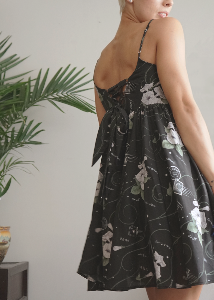 Corset back detail of Marili dress in midnight magic print