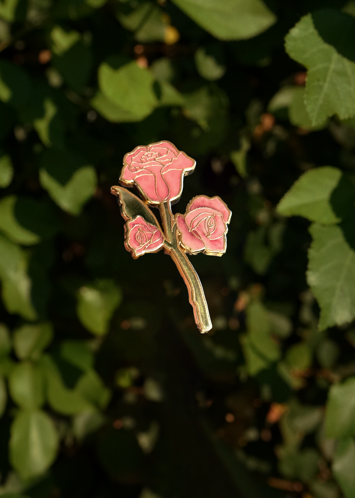 Pink rose pin on a green leafy background