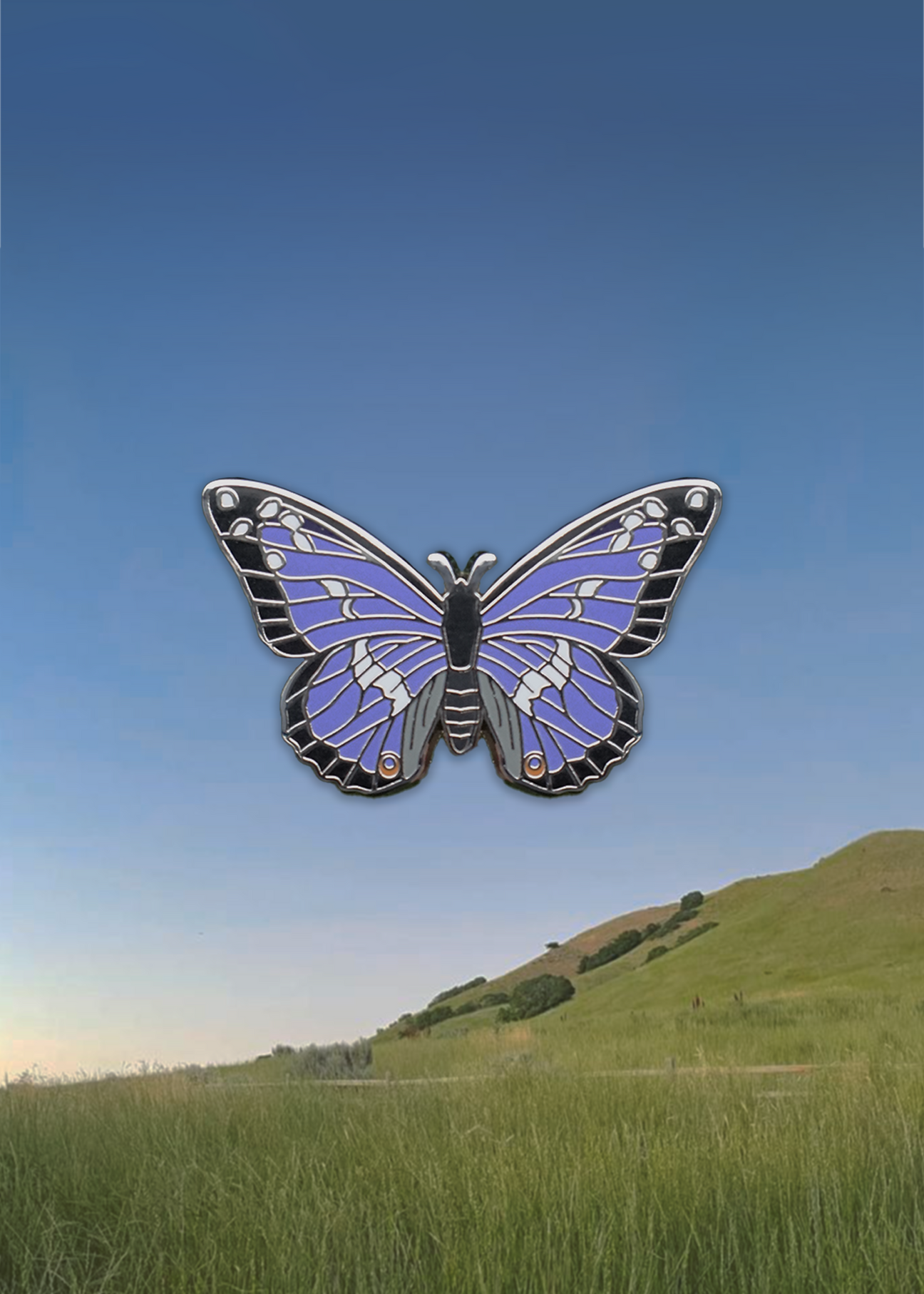 Purple emperor butterfly pin on silver metal
