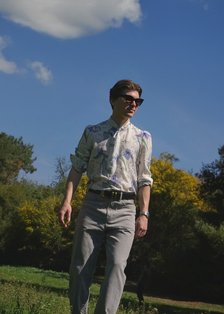 Thomas wearing poet shirt in Iris Botany print in size medium