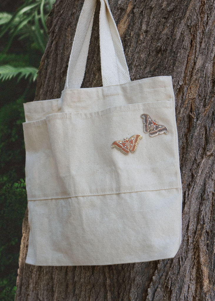 Cecropia and Atlas Moth pin on canvas bag