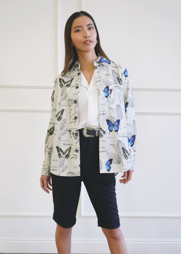 Front of model wearing andro shirt jacket with mid length trousers