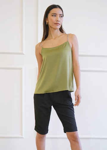 Front of model wearing Carnal Cami in olive